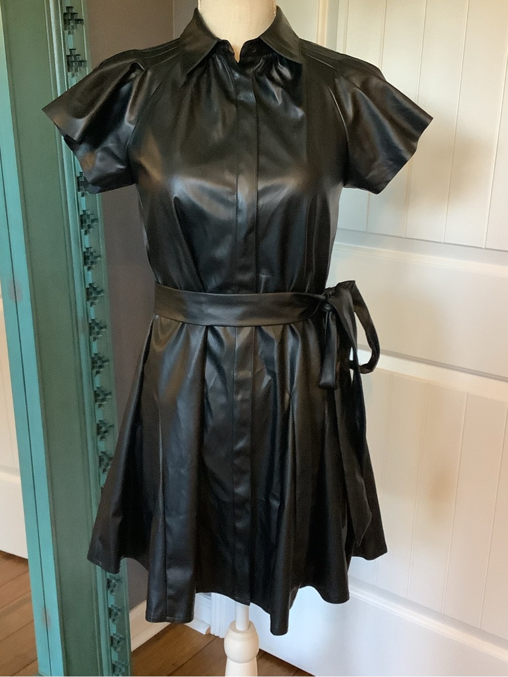 Sincerely Ours Black Faux Leather Shirt Dress with Tie Waist